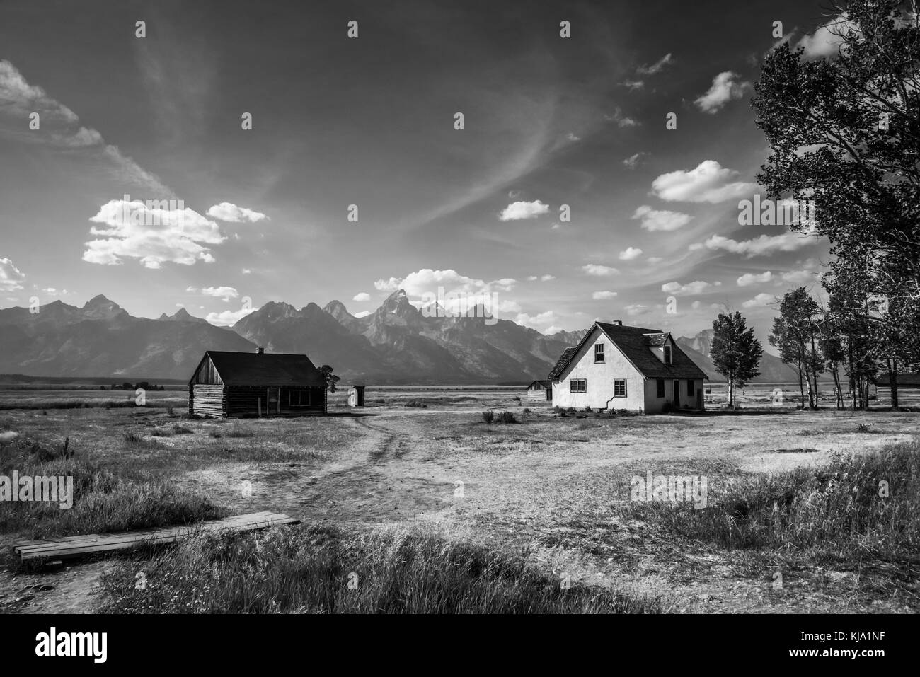 Abbandonato homestead a mormon fila su Antelope Flats affacciato sul parco nazionale di Grand Teton. casa rosa ex casa di John & bartha moulton Foto Stock