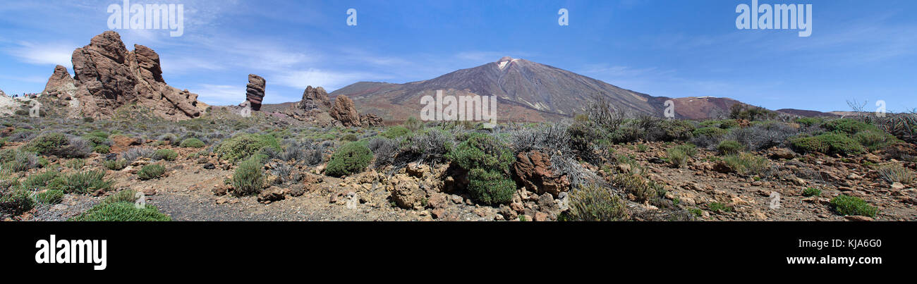 Roque cinchado a caldera de Las Canadas, dietro il Pico del Teide, sito patrimonio mondiale dell'unesco, isola di Tenerife, Isole canarie, Spagna Foto Stock