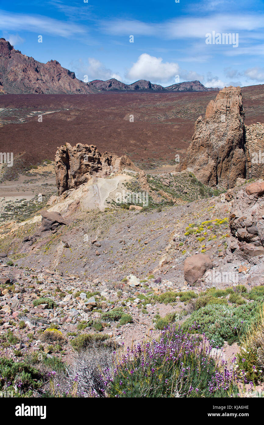 Punto di vista a Roques de Garcia, vista sulla pianura del Canada, il Teide nationalpark, sito patrimonio mondiale dell'unesco, isola di Tenerife, Isole canarie, Spagna Foto Stock