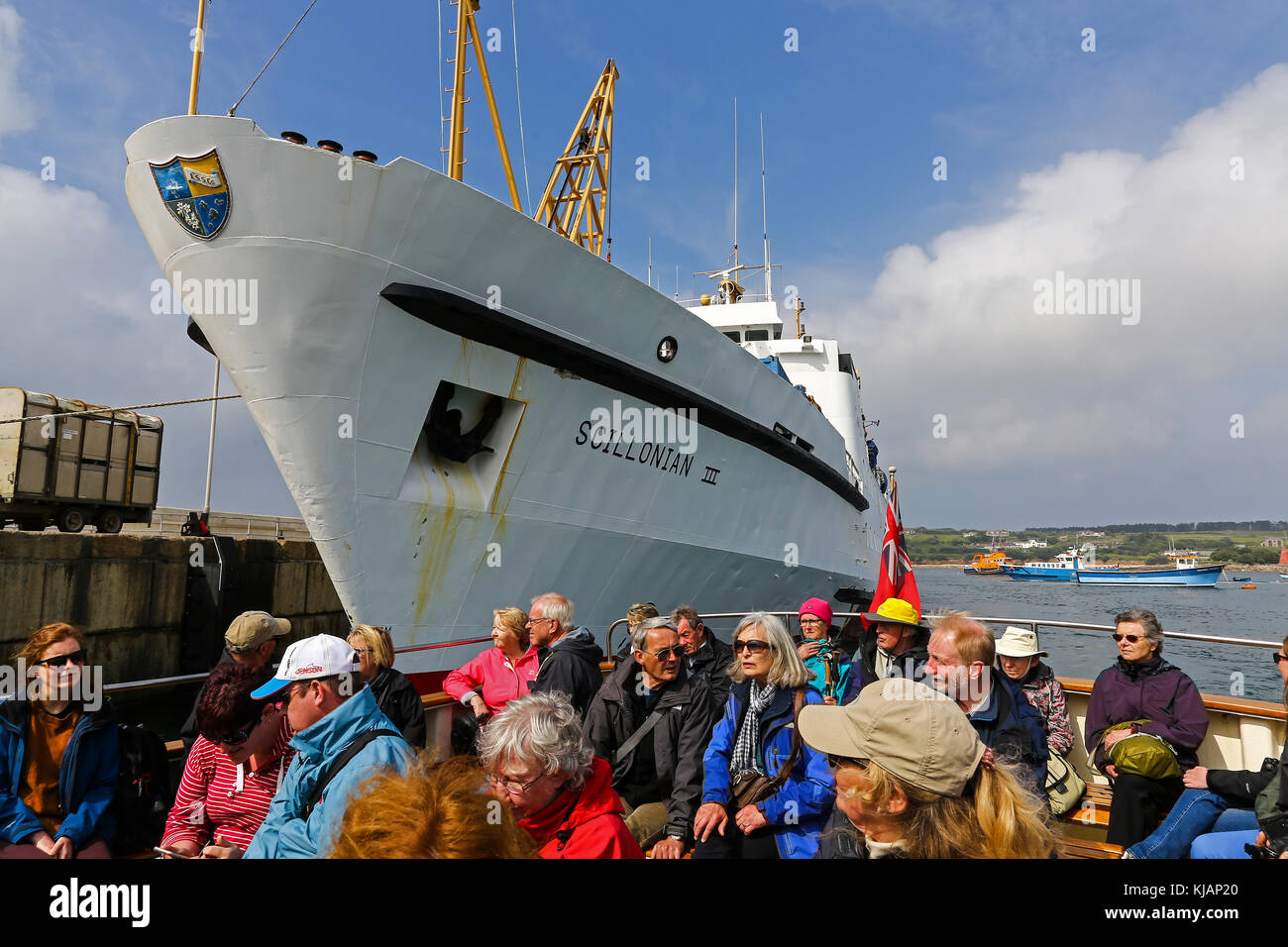 Il Scillonian III ferry boat in Santa Maria del porto di St. Mary's, isole Scilly, Cornwall, Regno Unito Foto Stock