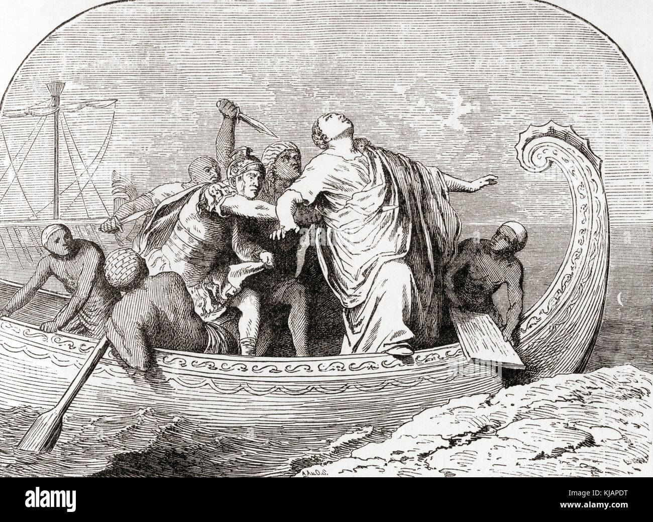 L assassinio di Pompeo da Lucio Settimio, 48 BC. Gnaeus Pompeo Magno, 106 - 48 BC, aka Pompeo o Pompeo il grande. Militari e leader politici della tarda Repubblica Romana. Lucio Settimio, soldato romano. Da Ward e bloccare la storia illustrata del mondo, pubblicato c.1882. Foto Stock