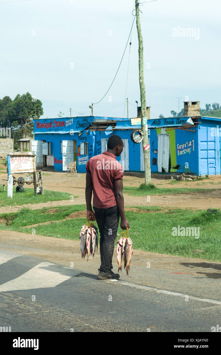 Un uomo africano sorge lungo la strada con più pesce pescato in mano per la vendita, Kenya, Africa orientale Foto Stock