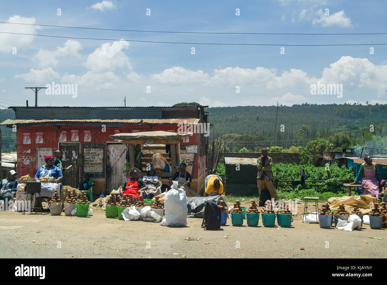 La gente seduta con i loro frutti e le verdure sul display per la vendita dal ciglio della strada, Kenya, Africa orientale Foto Stock