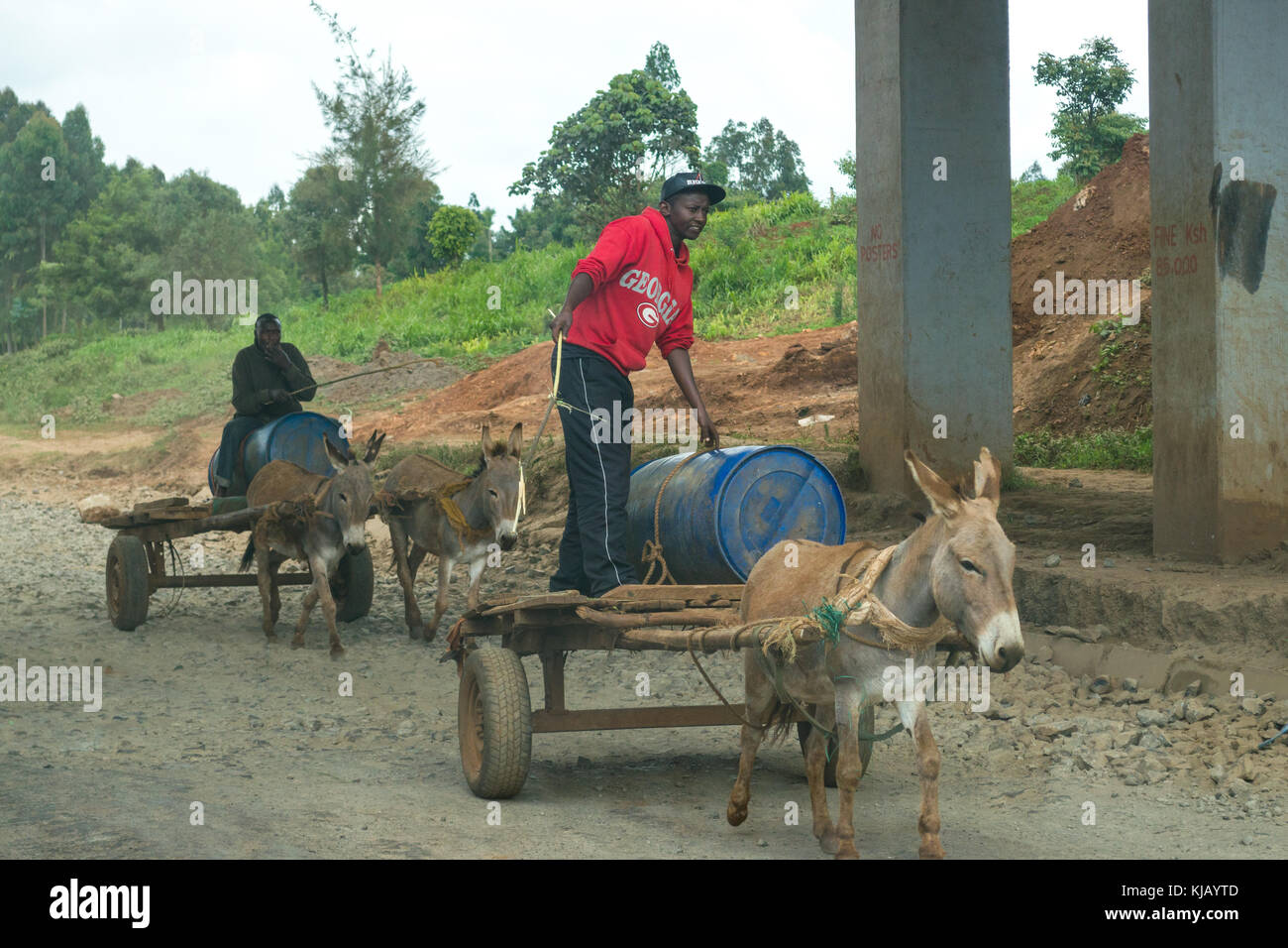 Gli uomini africani su donkey carretti tirati il trasporto di barili, Kenya, Africa orientale Foto Stock