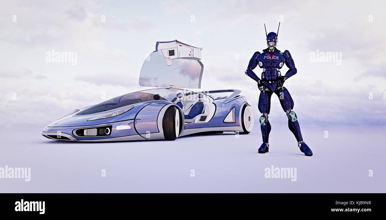 Robot futuristico officer e auto della polizia. Foto Stock
