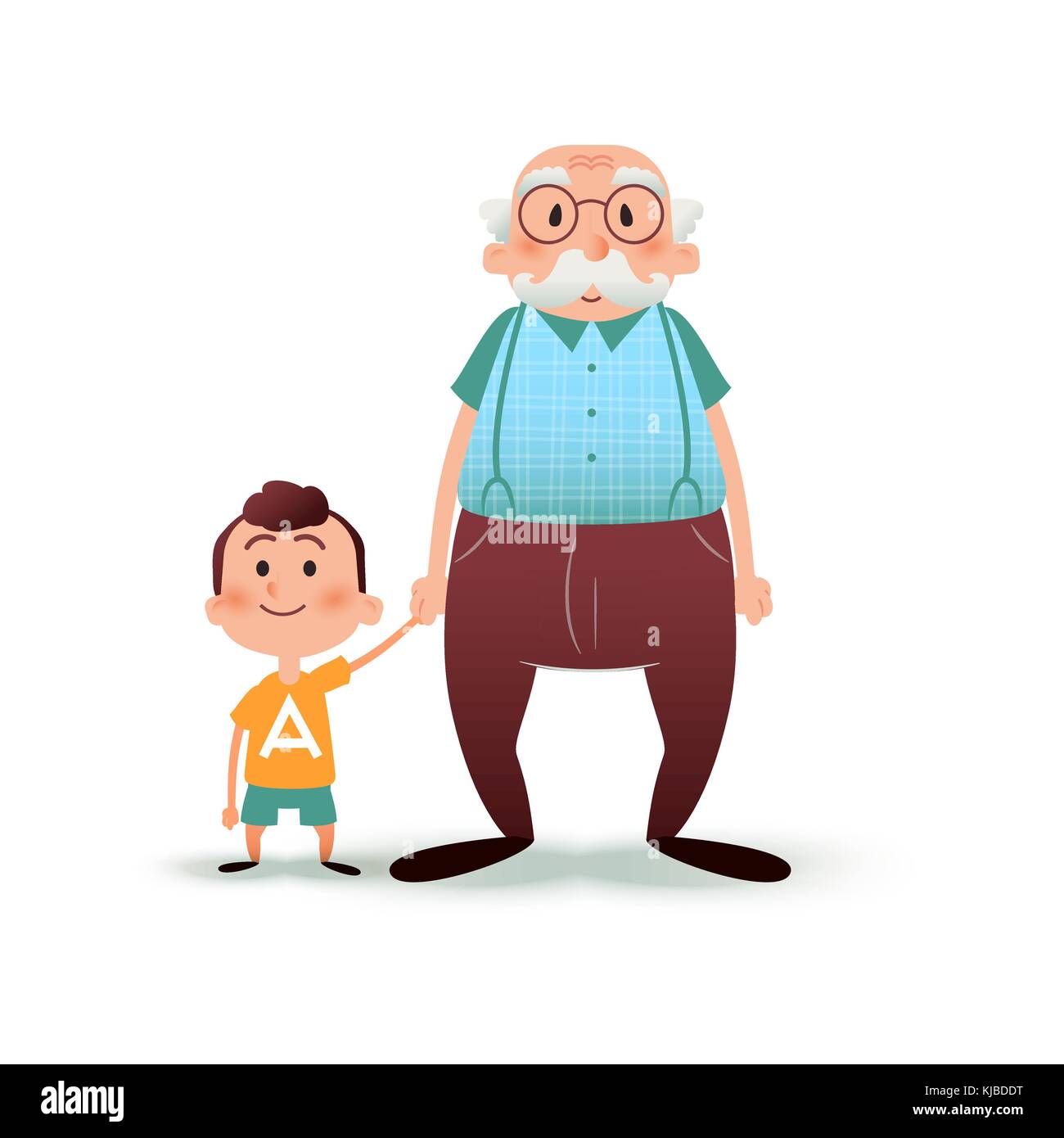 Nonno e nipote che tengono le mani. Illustrazione vettoriale di cartoni animati di ragazzo e vecchio. Buon concetto di famiglia. Illustrazione Vettoriale