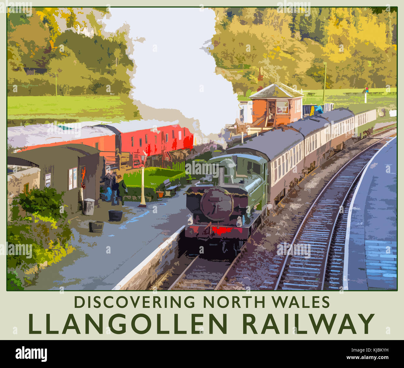 Un poster in stile interpretazione del Llangollen Railway a Carrog stazione ferroviaria da Llangollen, Galles del Nord, Regno Unito Foto Stock