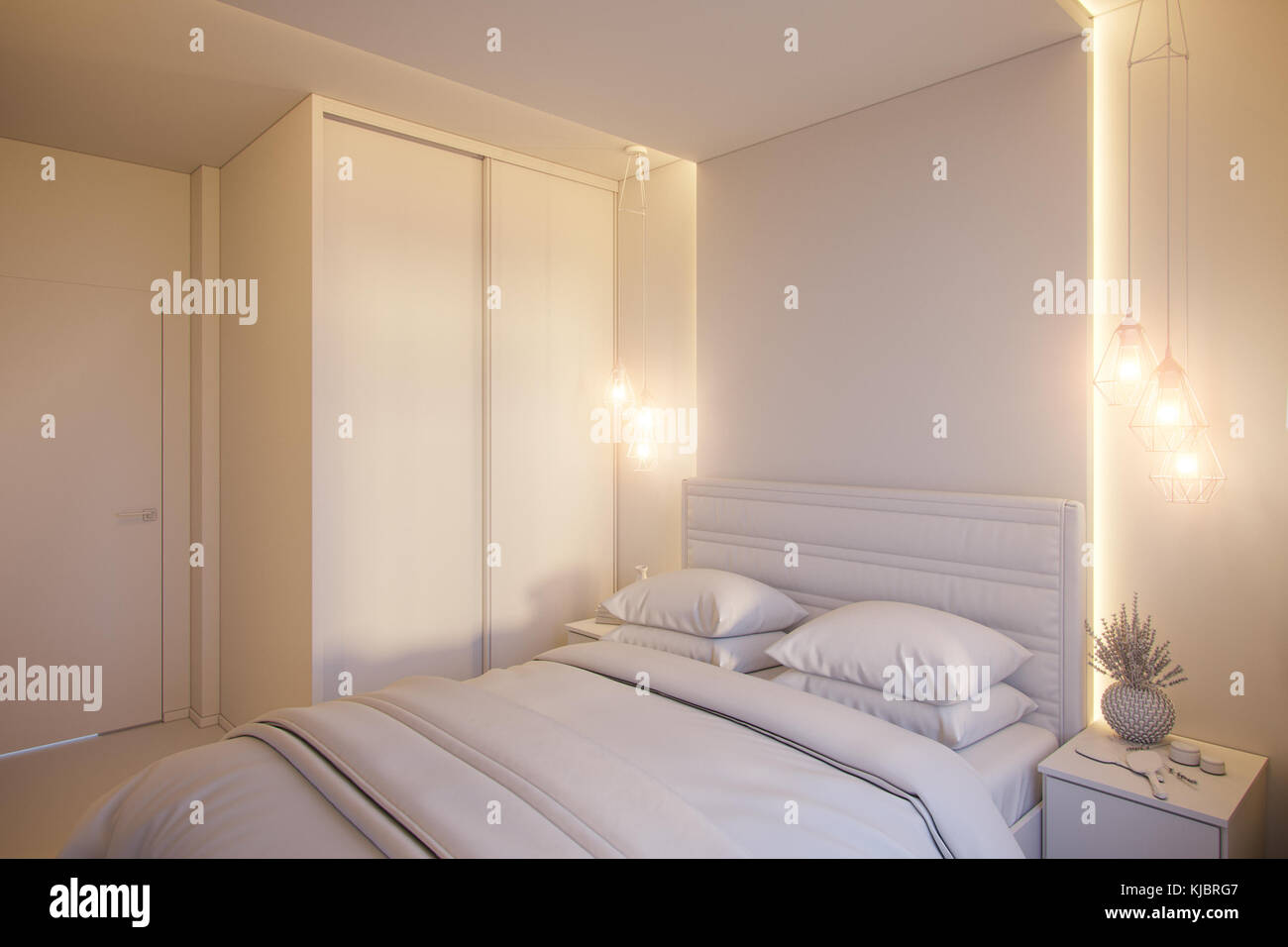 3D render di un interior design di un bianco camera da letto minimalista. Foto Stock