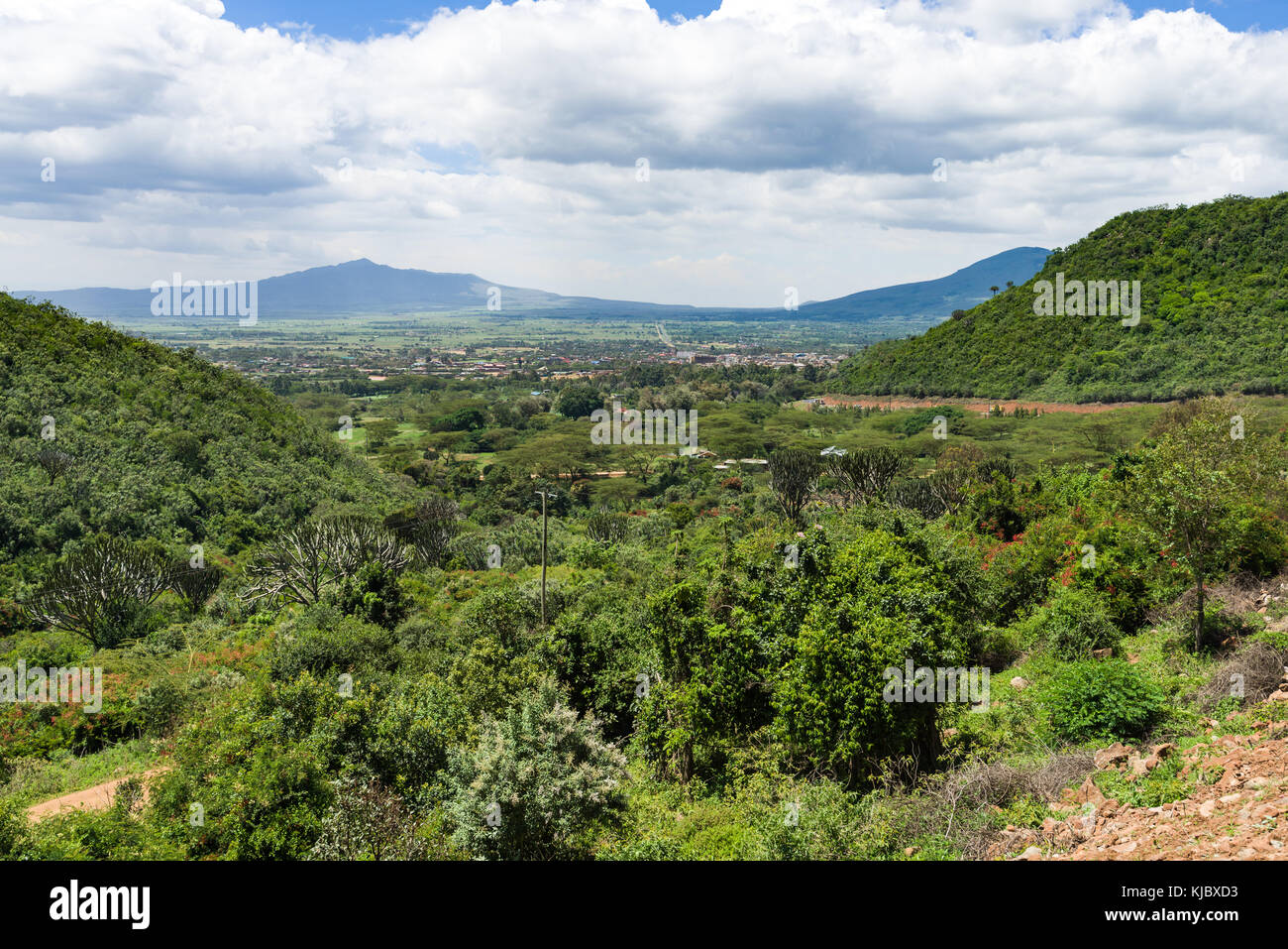 Vista della Rift Valley dalla posizione elevata con le colline e le montagne sullo sfondo, Kenya, Africa orientale Foto Stock