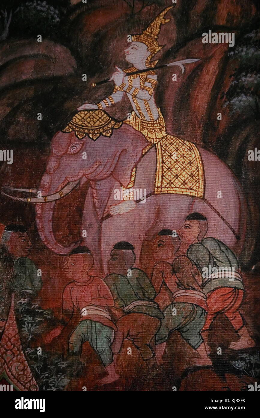 Un Siamese pittura tradizionale dotata di un re su di un elefante bianco, circondato da servi. Foto Stock