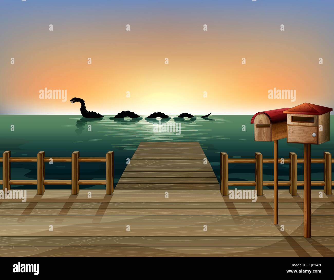 Illustrazione di un tramonto al porto con due cassette postali in legno Illustrazione Vettoriale