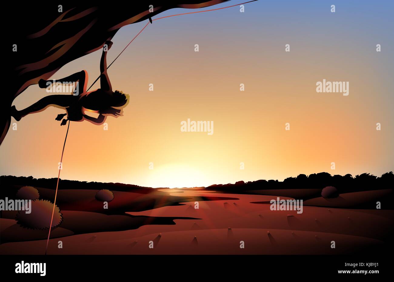 Illustrazione della vista al tramonto del deserto con un uomo arrampicata presso la struttura ad albero Illustrazione Vettoriale