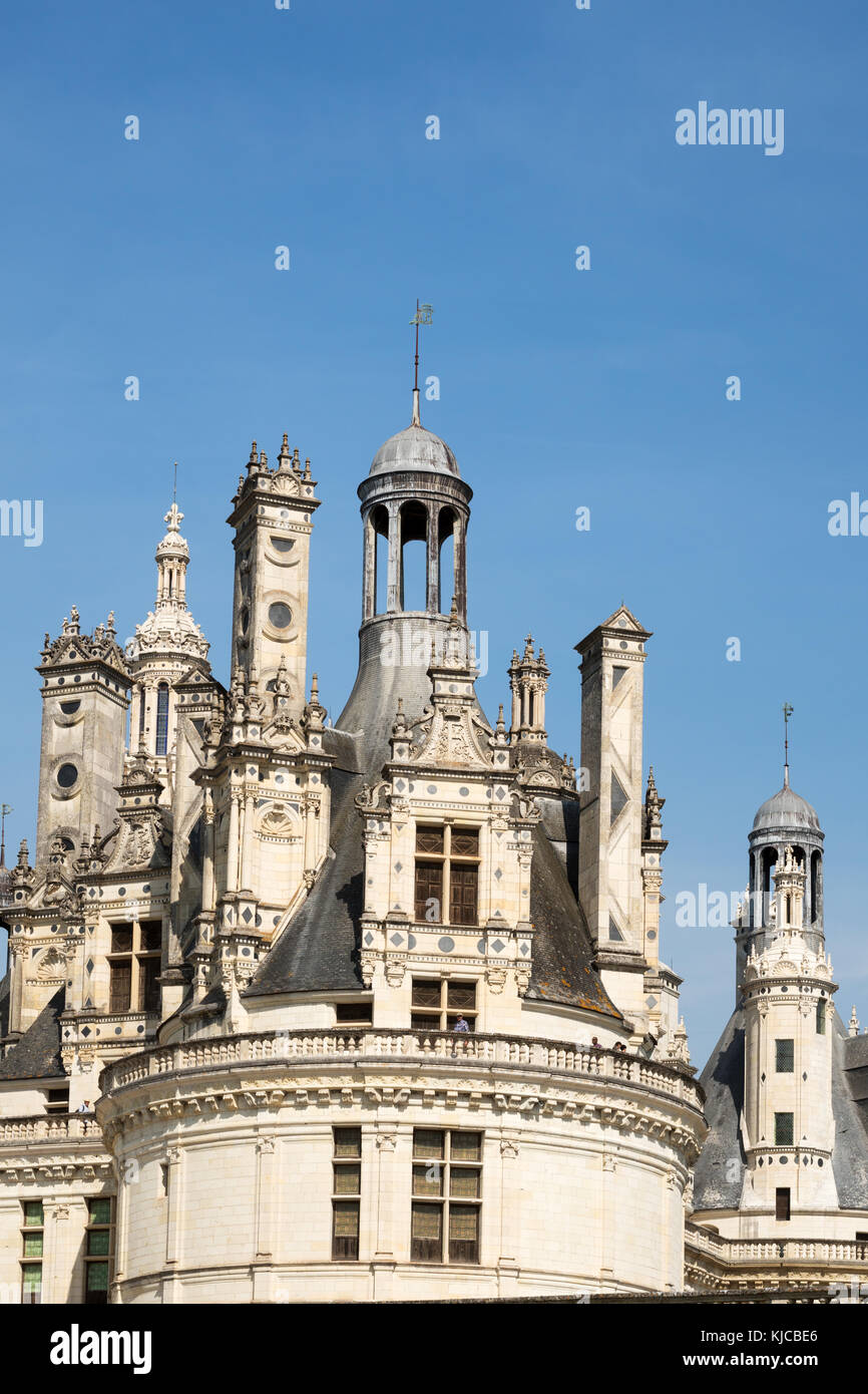 Vista in dettaglio del tetto e le torrette, Château de Chambord, Loir-et-Cher, Francia, Europa Foto Stock