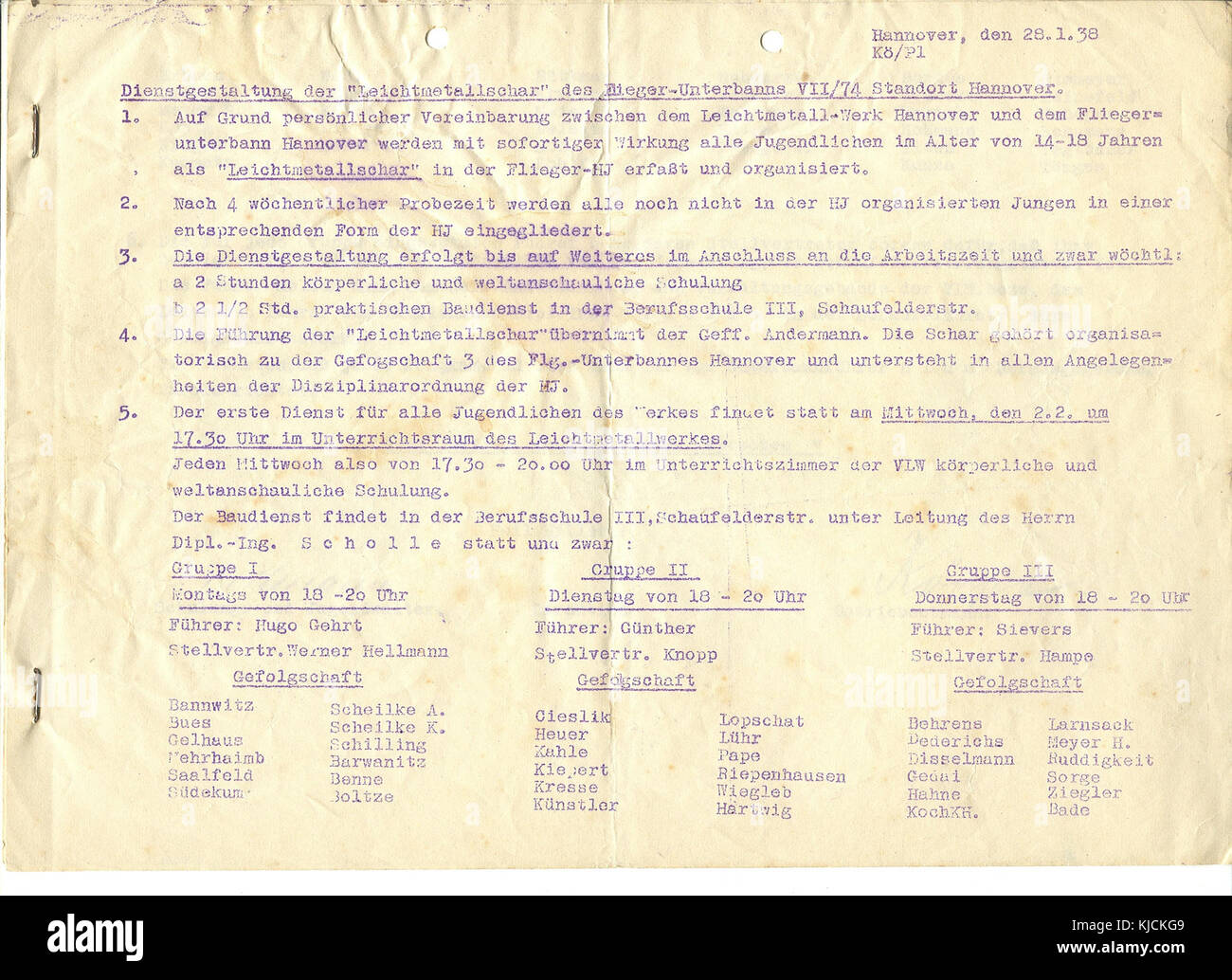 1938 Hannover Dienstgestaltung der Leichtmetallschar des Flieger Unterbanns VII 74 Standort Hannover. Copiative, pagina 2 di 2 Foto Stock