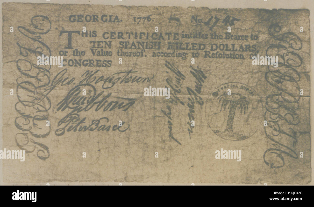 La Georgia argento Certificato N 1745 e datata 1776 Annuncio certificato per dieci spagnolo macinato di dollari (HS85 10 20469) Foto Stock
