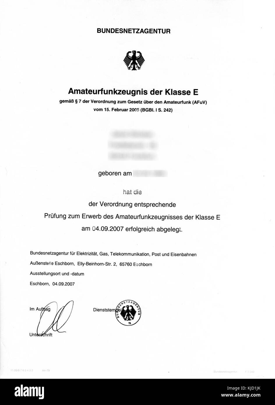 Amateurfunkzeugnis Klasse E Foto Stock