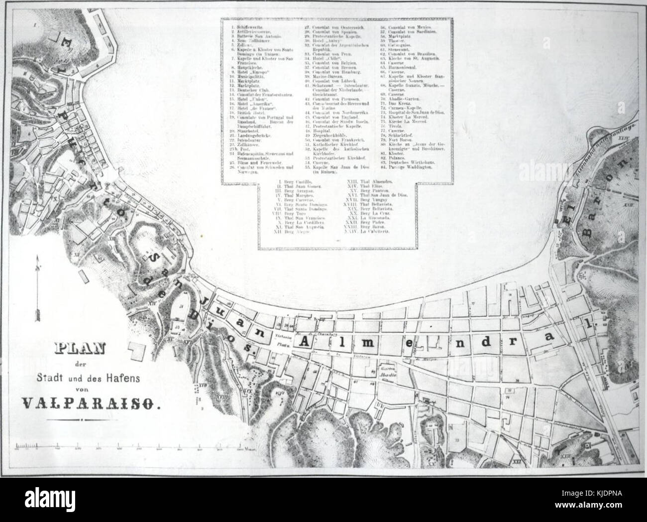 1853 Plan der Stadt und des Hafens von Valparaiso. Foto Stock
