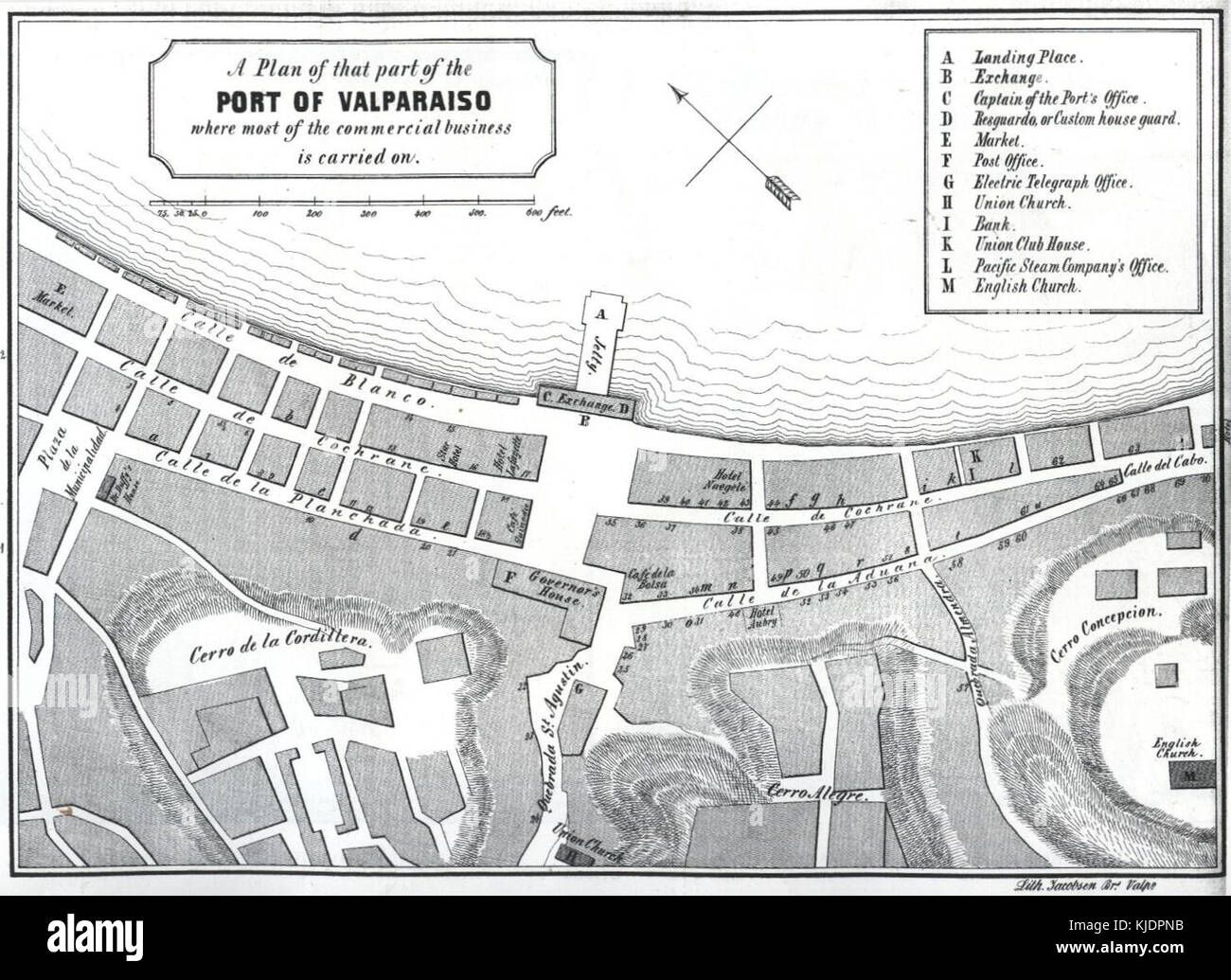 1862 Piano di quella parte del Porto di Valparaiso dove la maggior parte del bussines commerciale è svolta. Foto Stock