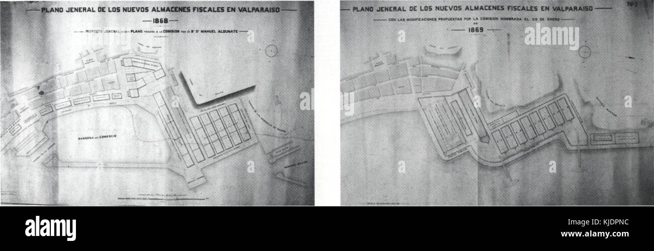 Questa mappa del 1868-1869 illustra la disposizione generale dei nuovi magazzini doganali di Valparaíso, Cile, una città portuale chiave. I magazzini erano essenziali per le operazioni commerciali e doganali nella regione durante il XIX secolo. Foto Stock