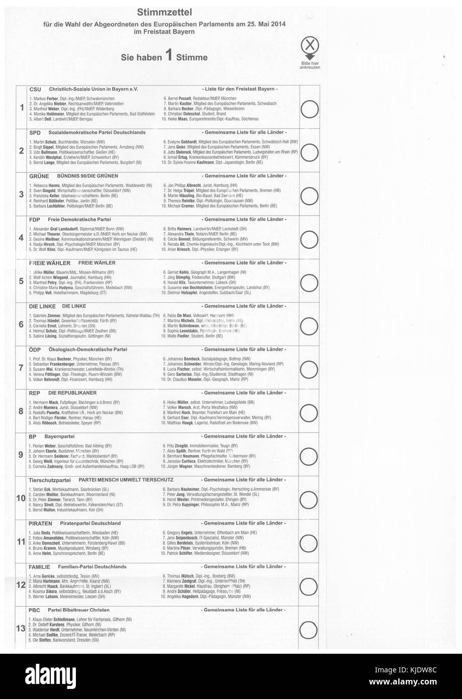 DE DA Europawahl 2014 Stimmzettel Foto Stock