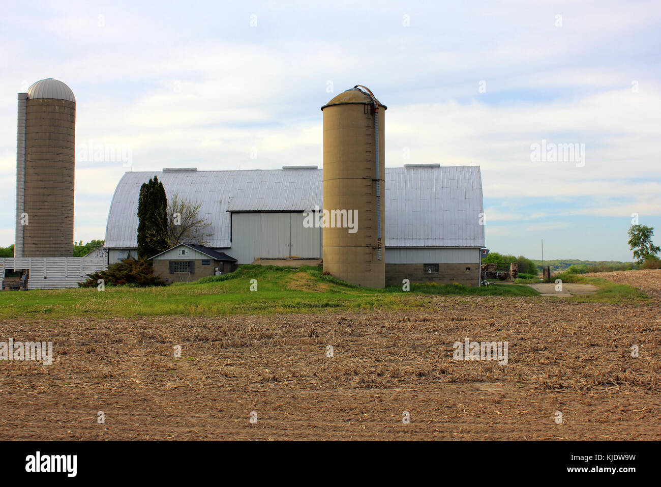 L'immagine presenta edifici agricoli e un silo nel Wisconsin meridionale, che illustrano la tipica architettura agricola della regione. Questa fotografia cattura l'ambiente rurale e le infrastrutture agricole, evidenziando il patrimonio agricolo della regione. Foto Stock