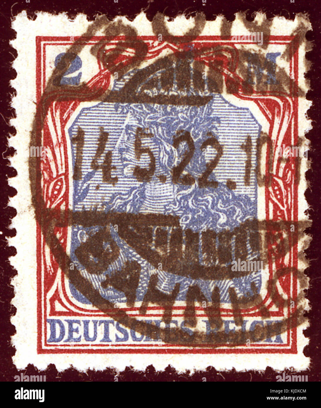 Uno storico francobollo tedesco del 1922, Reich 2M Issue, con Bonn MI152. Riflette un periodo post-bellico in Germania e l'evoluzione del sistema postale del paese durante quel periodo. Foto Stock
