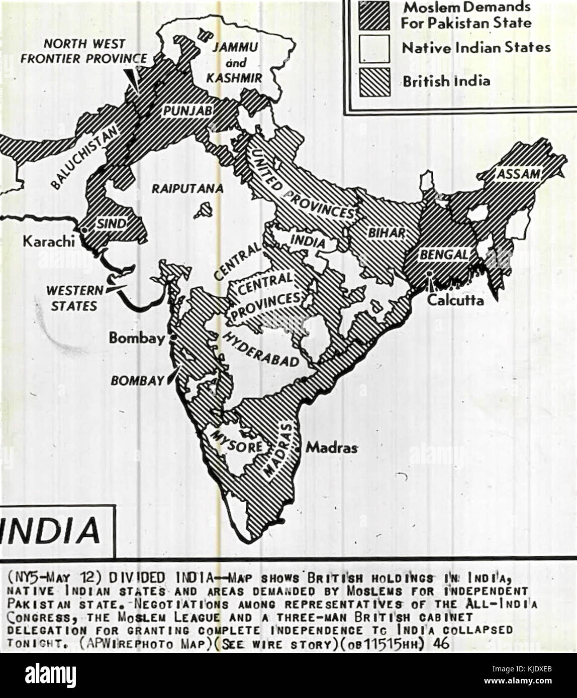 1946 Mappa dell'India britannica con aree richieste per separare il Pakistan dalla Lega Musulmana Foto Stock