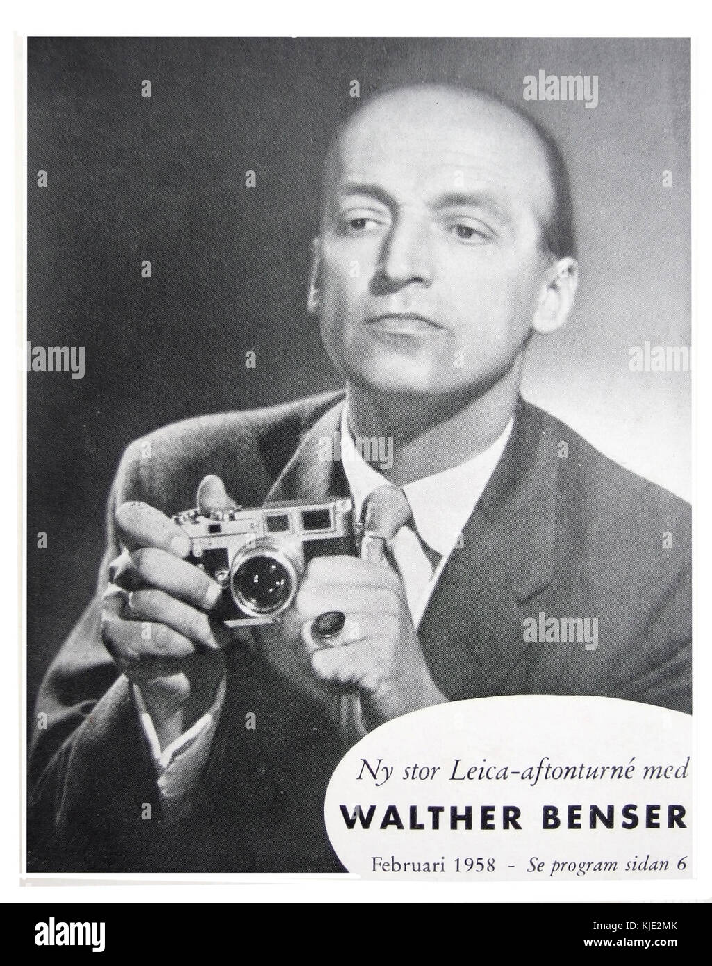 Una fotografia storica o un documento relativo alla conferenza di Walther Benser sulla fotografia Leica in Svezia, gennaio 1958, che mette in evidenza la discussione sulla tecnologia fotografica. Foto Stock