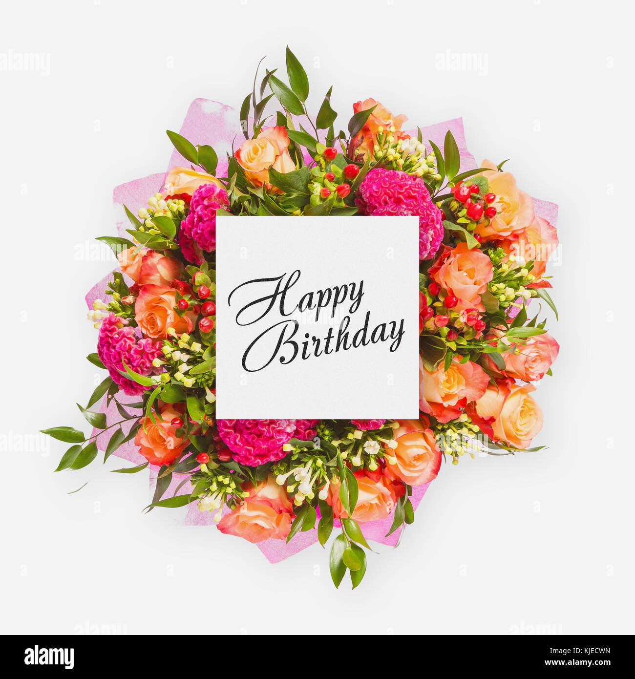 Buon compleanno card con fiori lay piatto Foto Stock