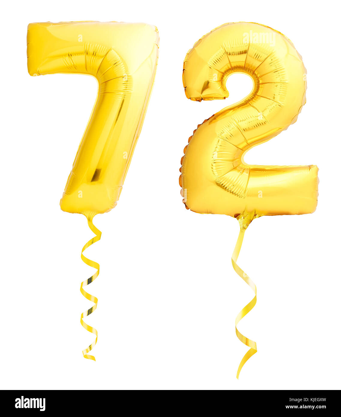 Numero aureo settantadue 72 fatta di palloncino gonfiabile con nastro dorato isolati su sfondo bianco Foto Stock