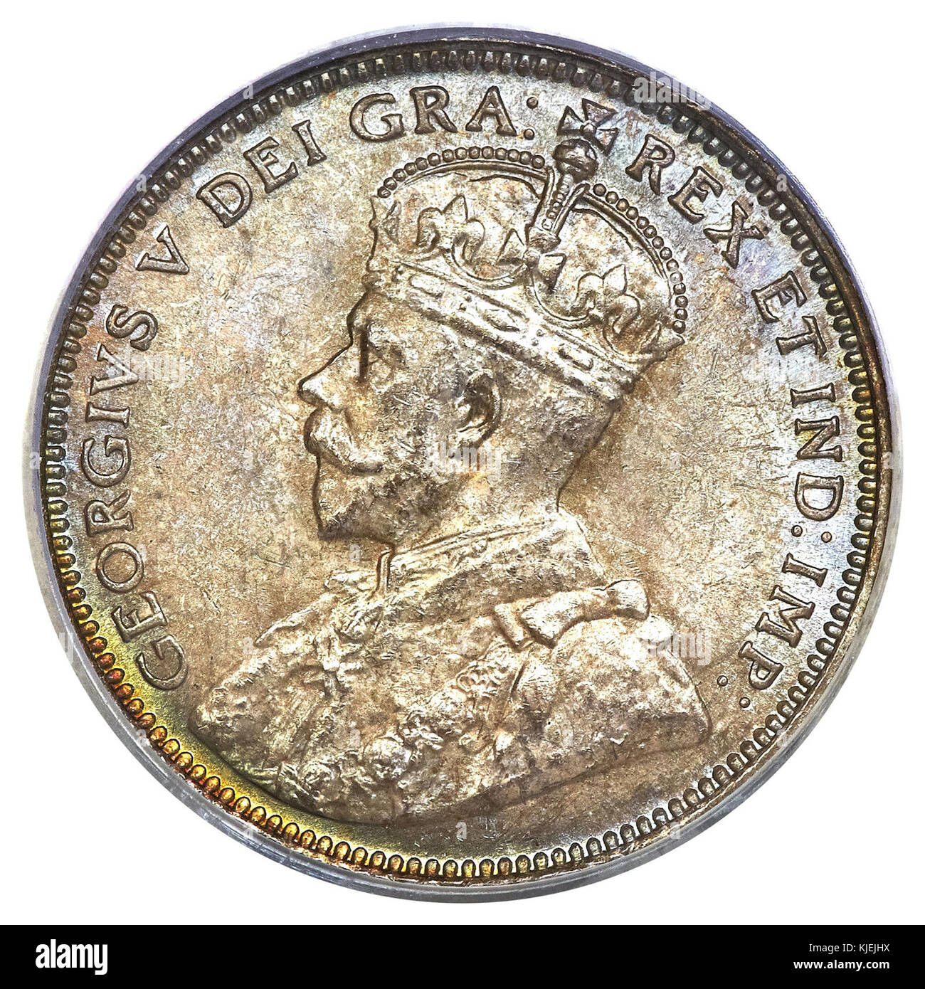 La moneta da 1912 20 centesimi di Terranova presenta un'immagine di re Giorgio V, che simboleggia la storia coloniale dell'isola sotto il dominio britannico prima della sua confederazione con il Canada. Foto Stock