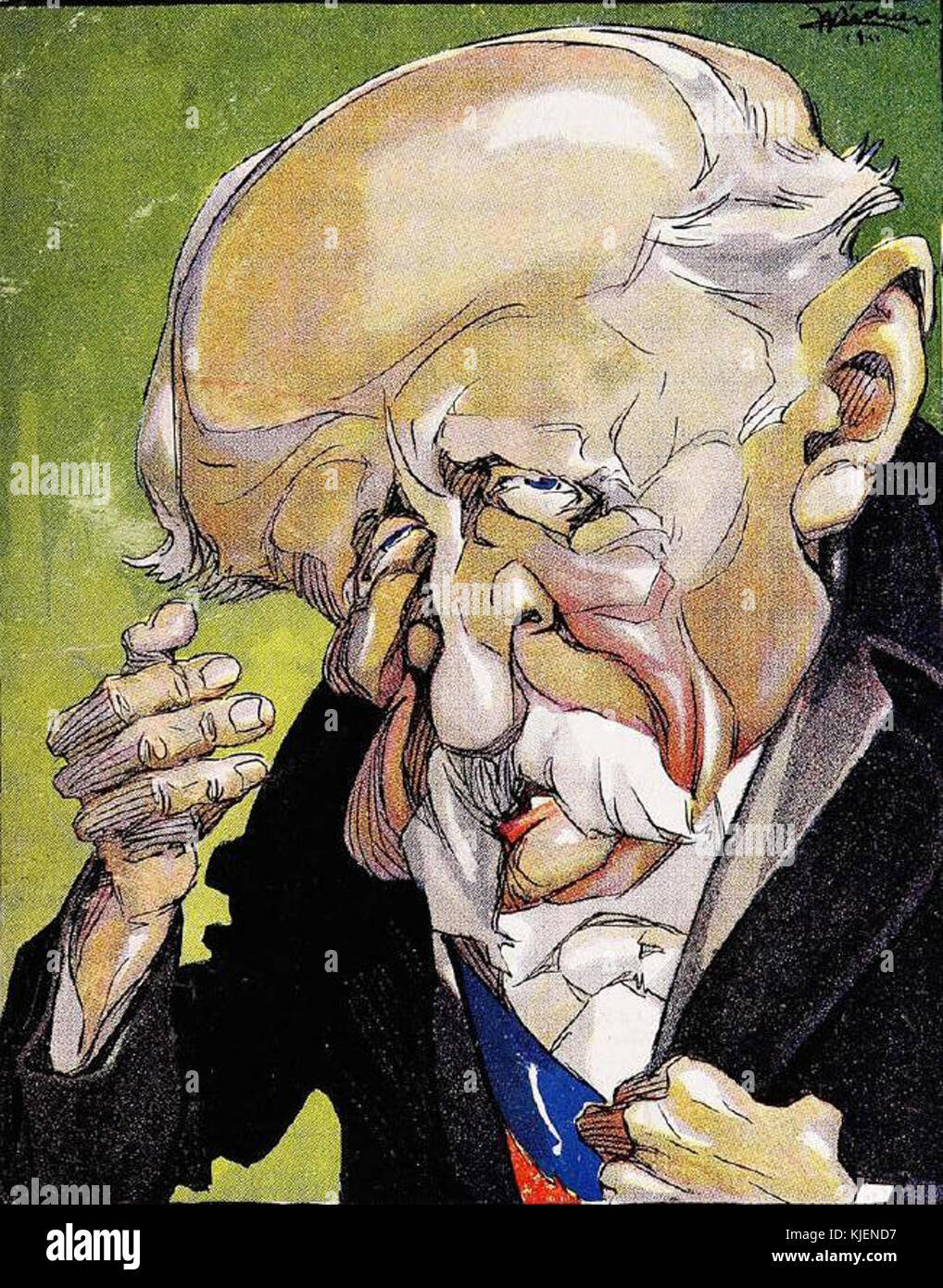 Una caricatura del presidente cileno Barros Luco, un leader politico dei primi anni del XX secolo. Questa illustrazione riflette lo stile artistico e satirico popolare nei cartoni animati politici dell'epoca. Foto Stock