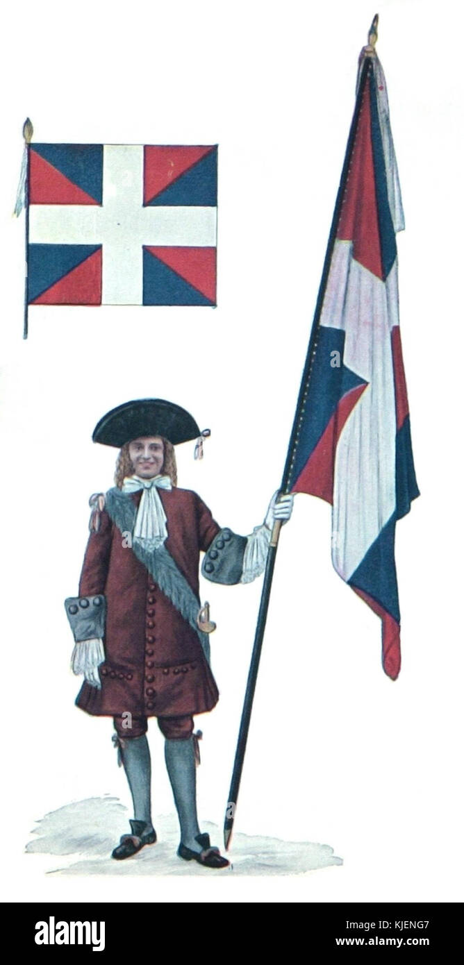 Un ufficiale vestito con l'uniforme del reggimento Carignan-Salières, un'importante unità militare del XVII secolo. L'immagine raffigura l'ufficiale che tiene i colori del reggimento, mostrando gli abiti e le insegne militari storici. Foto Stock