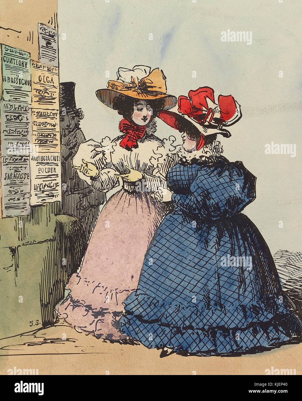 Una litografia di due donne che indossano lunga e piena di sposa, le due donne sono anche indossando cappelli, stanno avendo una conversazione mentre si fermò di fronte ad una parete a cui le fatture sono state incollate, un uomo in ombra guarda le donne da dietro l'angolo, 1849. dalla biblioteca pubblica di new york. Foto Stock