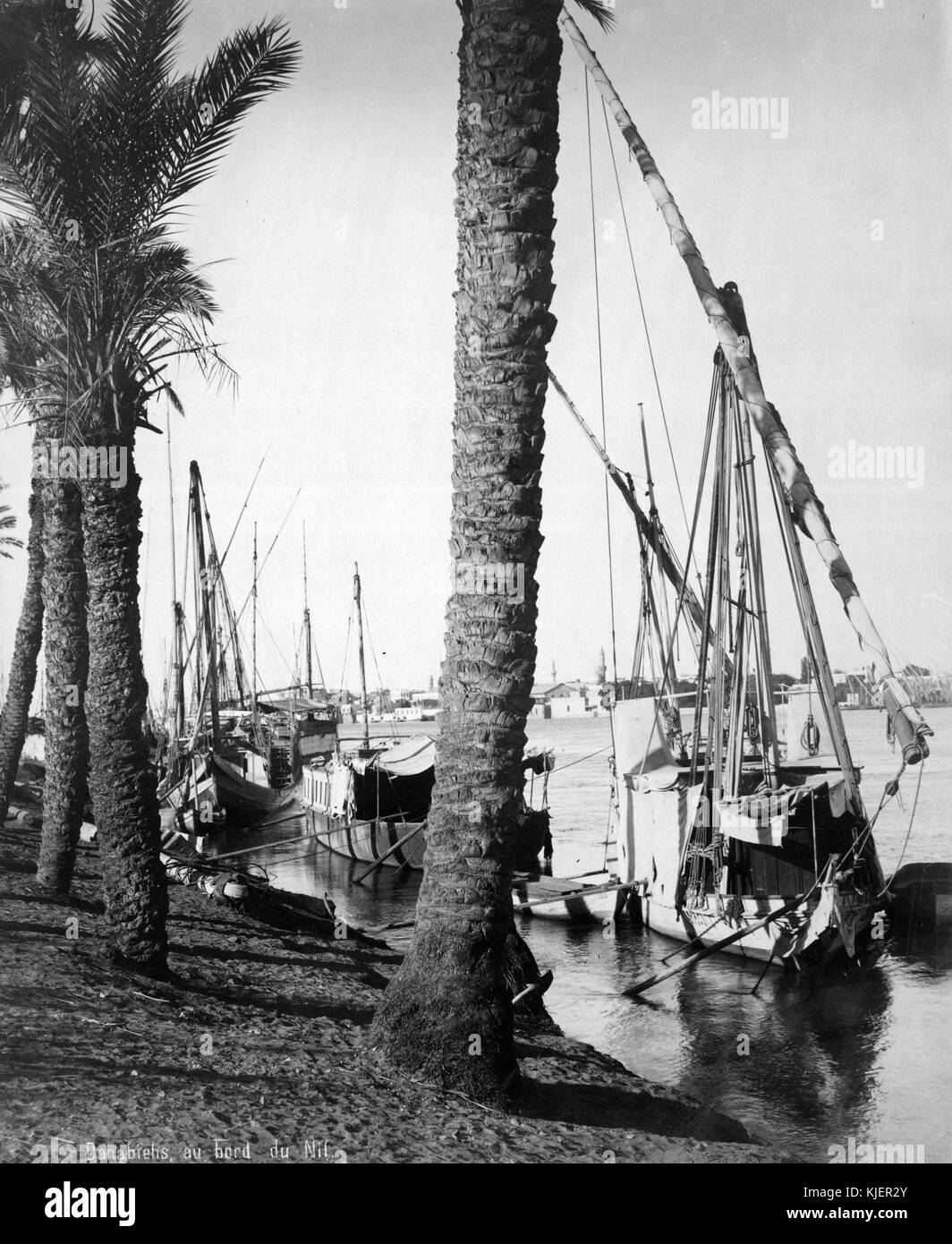 Una fotografia di barche allineate lungo la riva di un fiume, alcune delle barche hanno rampe improvvisate che portano alla riva, sono tutte fissate alla riva con lunghi pali, tutte le barche hanno le vele giù, palme mature si trovano lungo la riva del fiume, edifici possono essere visti lungo un altro tratto della costa in lontananza, Egitto, 1864. Dalla New York Public Library. Foto Stock