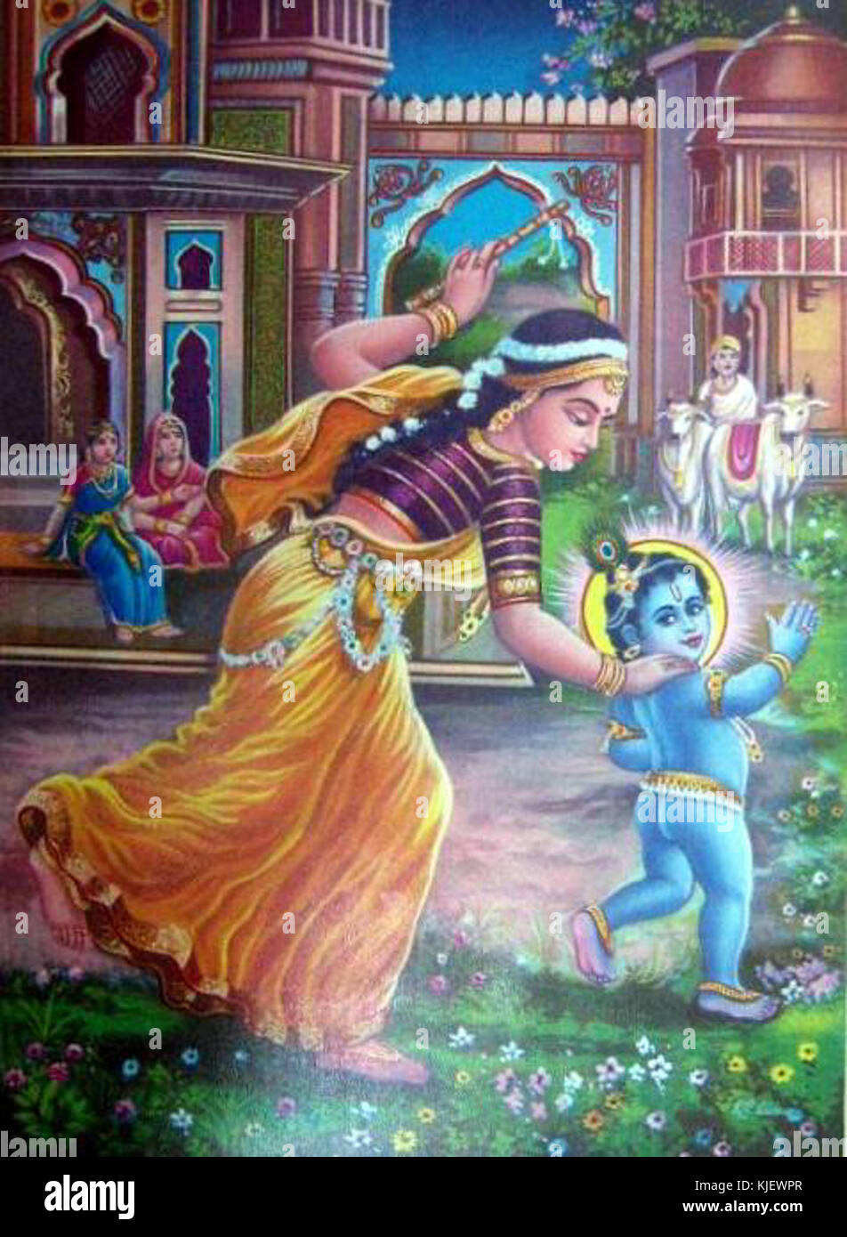 Yashodha, tenendo in mano un giocattolo flauto, insegue il cattivo ragazzo all'interno di una ricerca Mughal palace (bazaar arte, 1950) Foto Stock