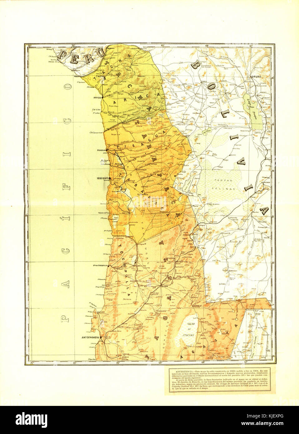 Una mappa del 1904 del Cile, creata da Tornero. Questa mappa dettagliata descrive i confini geografici, le province e le città del Cile durante l'inizio del XX secolo. Foto Stock