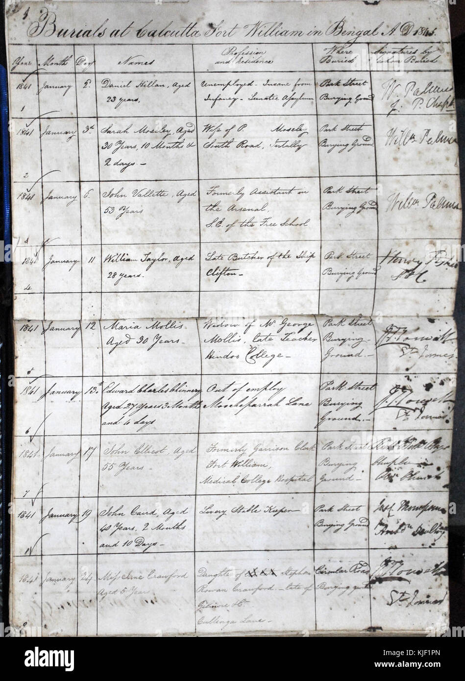 Un documento storico che descrive le pratiche di sepoltura nella chiesa di San Giacomo nel 1841. Il documento registra le registrazioni di sepoltura e le usanze sociali del tempo. Foto Stock