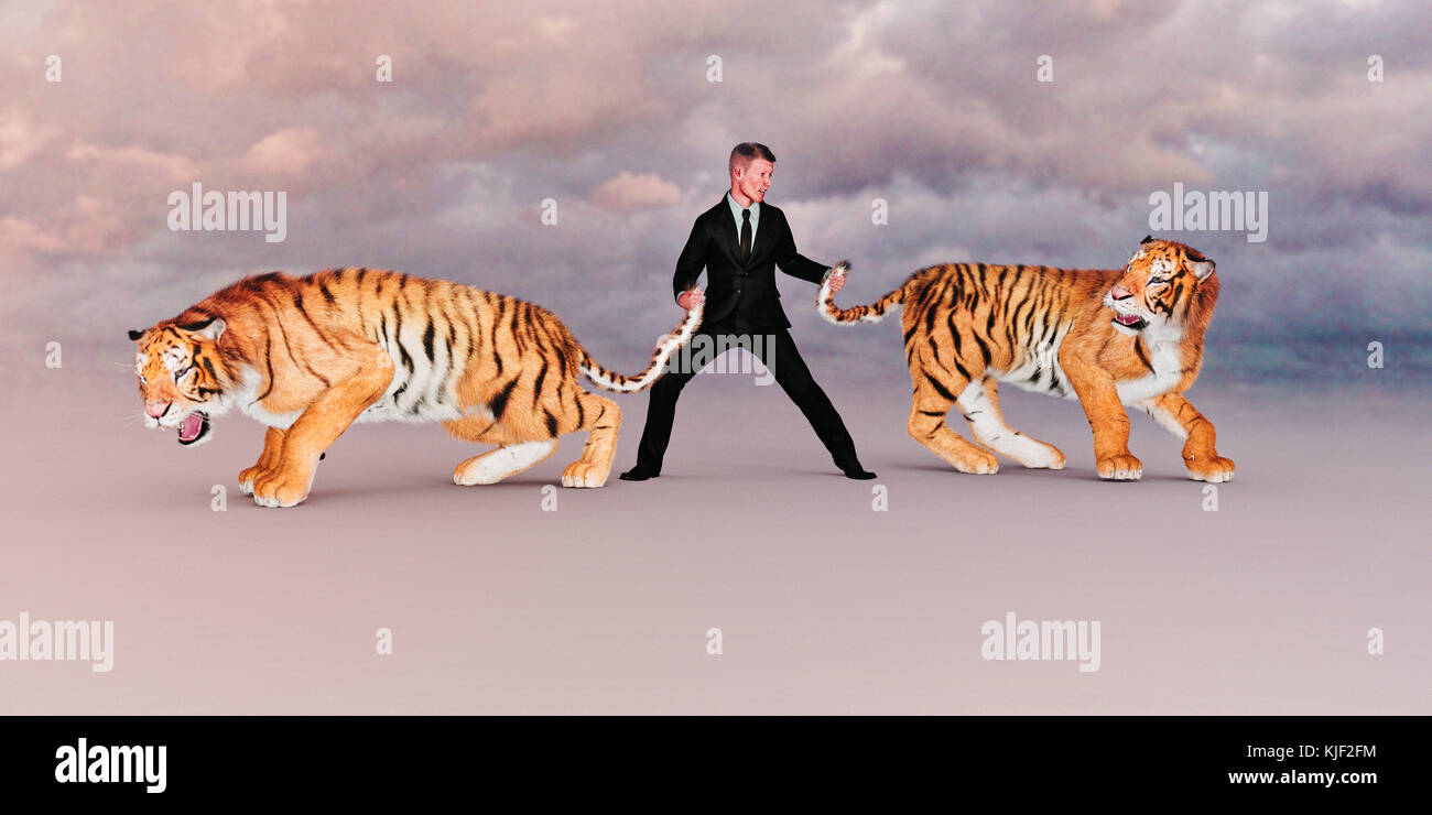 Imprenditore tigri di contenimento dalla coda Foto Stock