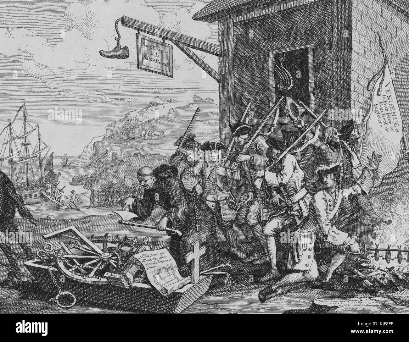 Incisione e incisione su carta, intitolata 'l'invasione, Francia, piatto 1', creata all'inizio della guerra francese e indiana (anche chiamata la guerra dei sette anni) un'invasione dalla Francia sembrava probabile, così questi furono prodotti per aumentare il morale pubblico, In primo piano un monaco francese affina l'ascia del suo carnefice, davanti a lui sono attrezzi di tortura, una statua di Sant'Antonio e un 'Plan pour un monasterio dans Black Friars a Londre', di William Hogarth, 1756. Dalla Biblioteca pubblica di New York. Foto Stock