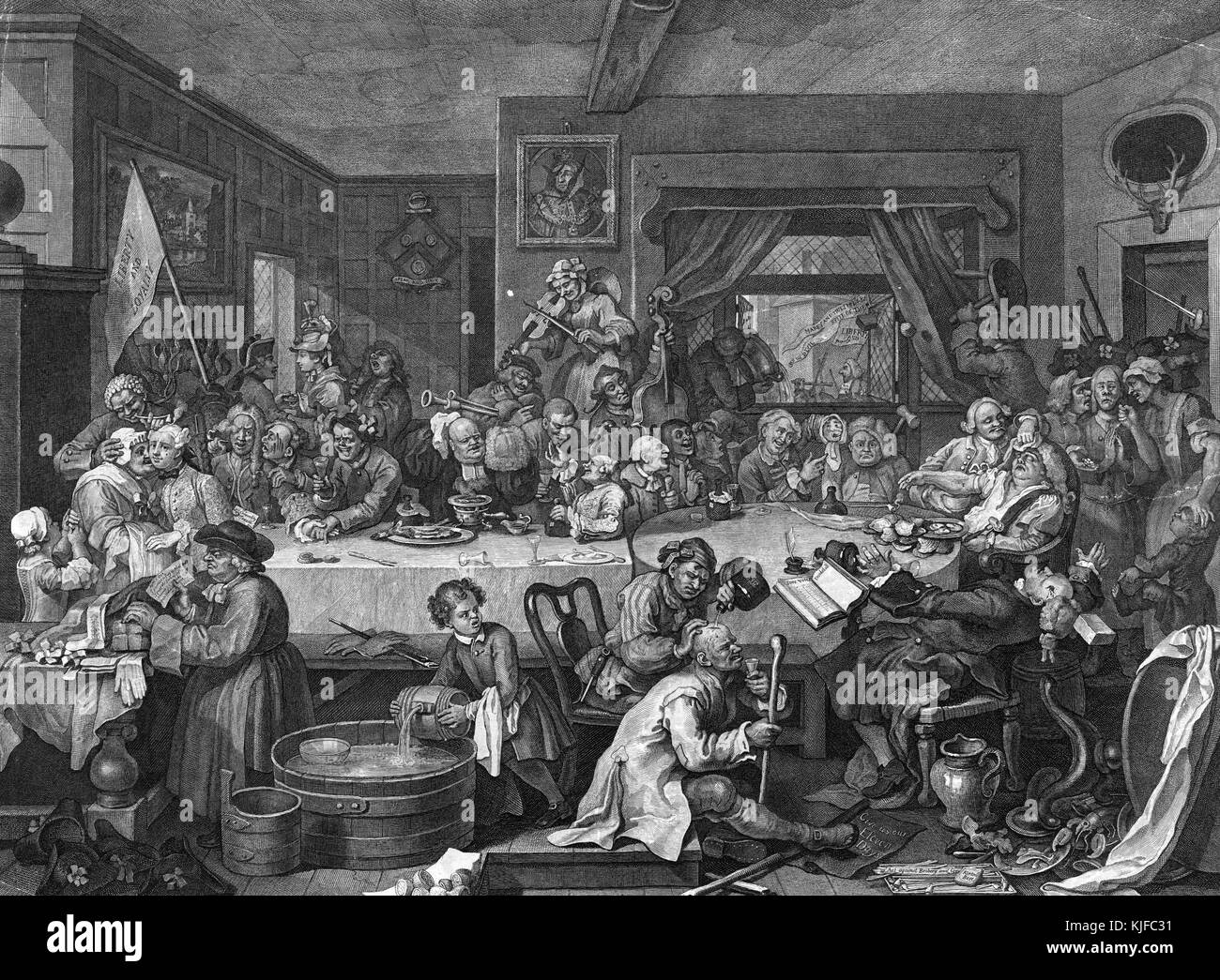 Incisione su carta, intitolata 'gli umori di un'elezione, piatto 1, un'animazione elettorale', raffigurante una cena taverna organizzata dai candidati Whig, mentre i Tories protestano all'esterno, un grande gruppo di persone che mangia e beve, di William Hogarth, 1755. Dalla Biblioteca pubblica di New York. Foto Stock
