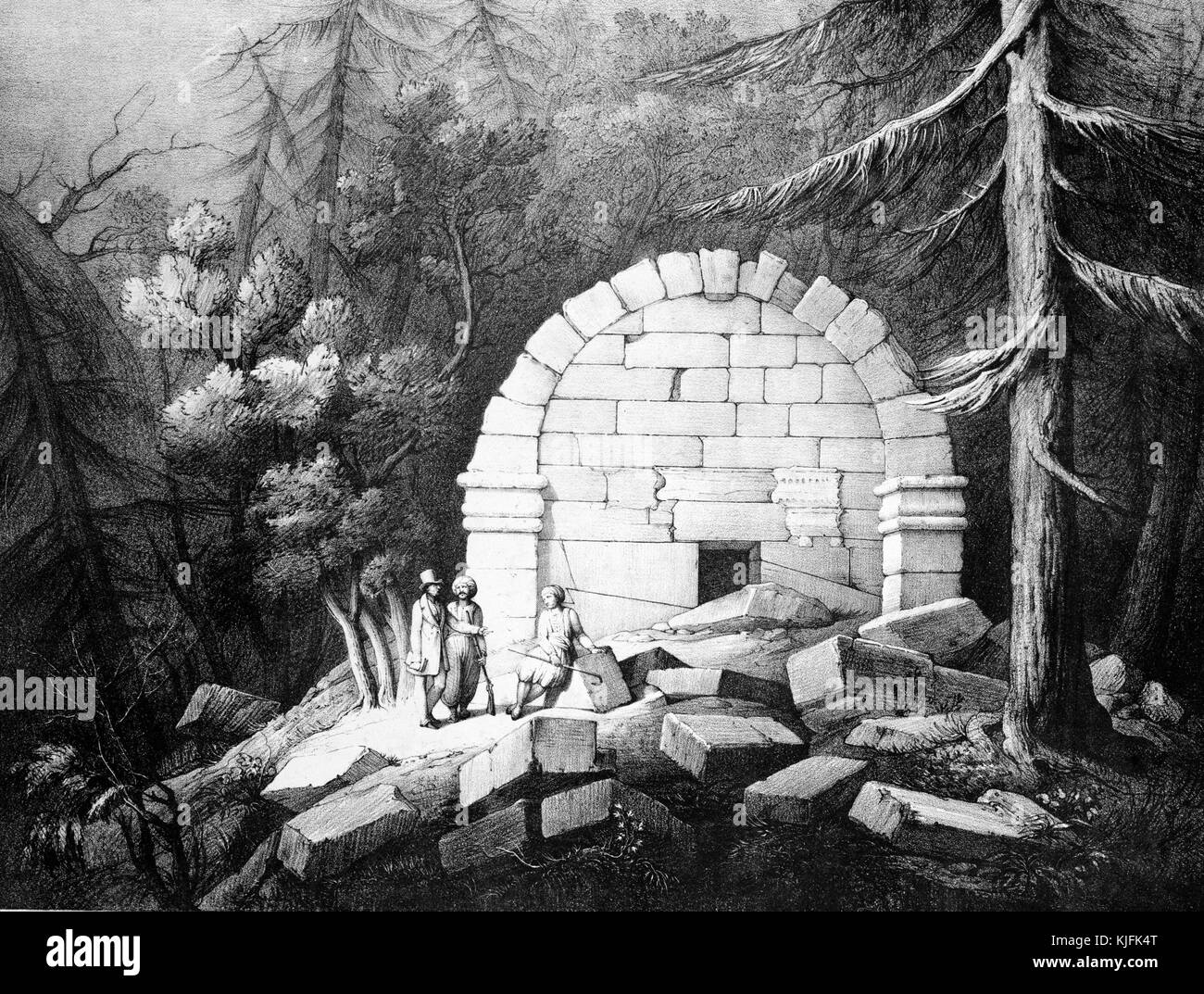Stampare intitolato "epulchral Vault vicino Affghan-Khiu [Avdan-Tevikiye]" raffigurante un archivio construted di pietre bianche, tre uomini stavano in piedi di fronte ad essa, due indossa turbanti, quella che indossa un cappello a cilindro, pubblicato da J Bohn, Londra, Regno Unito, 1842. Dalla Biblioteca Pubblica di New York. Foto Stock
