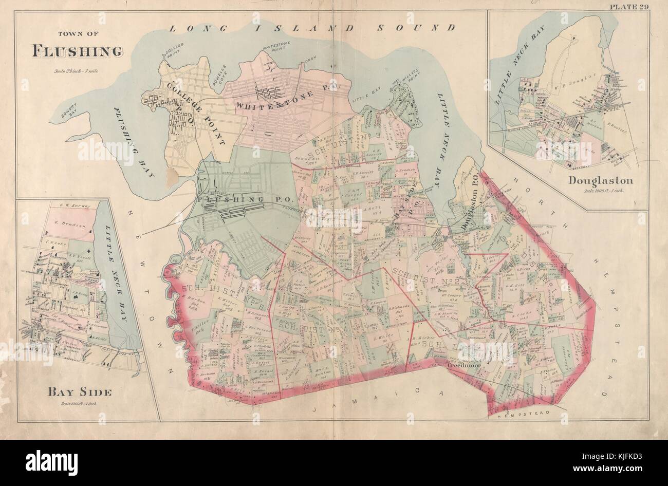 Una mappa d'epoca di Flushing, la mappa mostra le varie zone in cui la città è divisa, la mappa include anche sezioni ingrandite per le aree Bay Side e Douglaston, Queens, New York, 1891. Dalla New York Public Library. Foto Stock