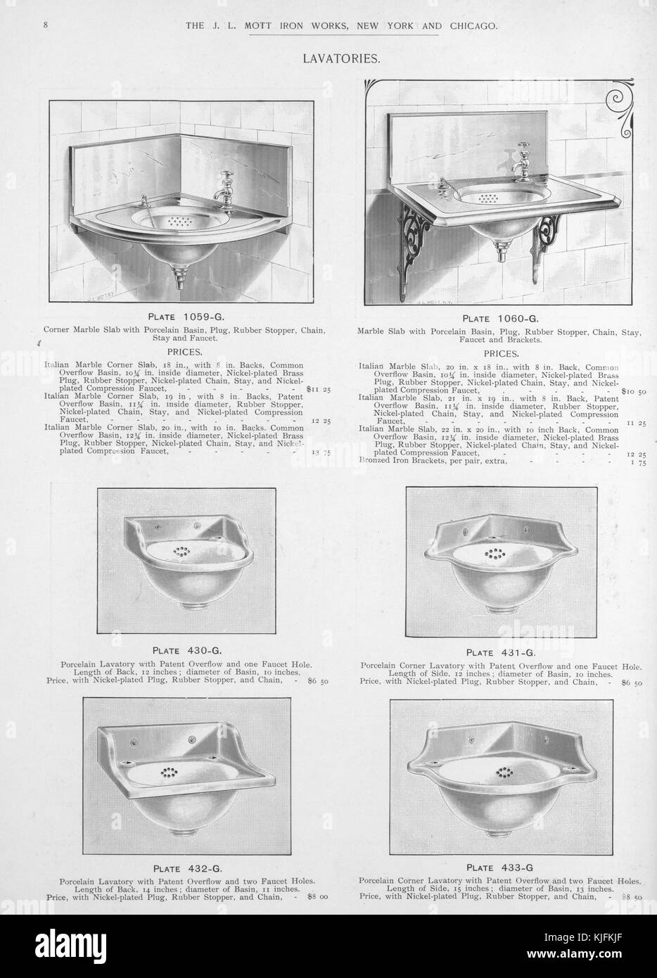 La porcellana lavabi e latrine, illustrazione da un catalogo, 1885. dalla biblioteca pubblica di new york. Foto Stock