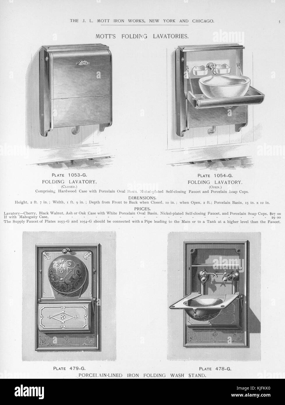 Lavatoi pieghevoli di Mott, illustrazione da un catalogo, 1885. Dalla New York Public Library. Foto Stock
