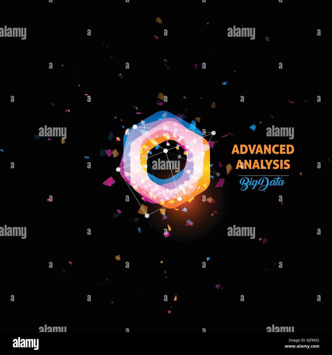 Analisi avanzata, grande logo dati, Lampadina luce astratta icona vettore isolato arancio e blu colore forma poligoni, lampada stilizzata con testo. digital innovation technology illustrazione vettoriale. Illustrazione Vettoriale