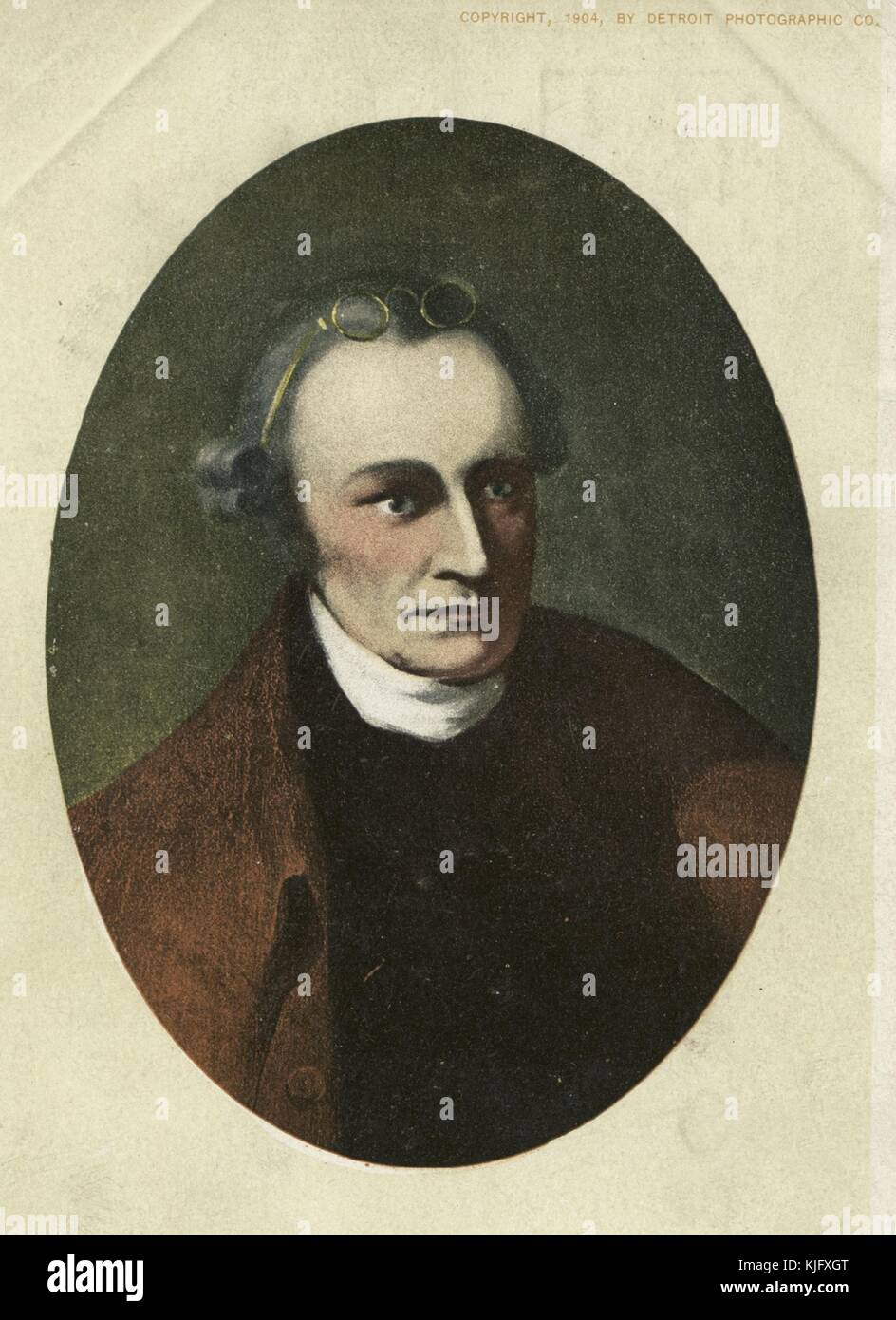 Ritratto colorato inciso di Patrick Henry, un padre fondatore, servì come primo e sesto governatore post-coloniale della Virginia, dal 1776 al 1779 e dal 1784 al 1786, 1914. Dalla New York Public Library. Foto Stock