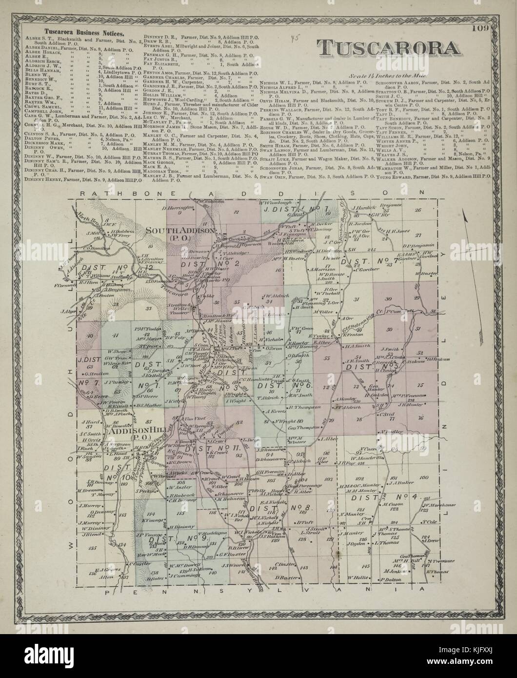 Immagine della mappa incisa da un atlante, con didascalia originale con la scritta "Tuscarora Business Notices, Tuscarora Township", 1873. Dalla New York Public Library. Foto Stock