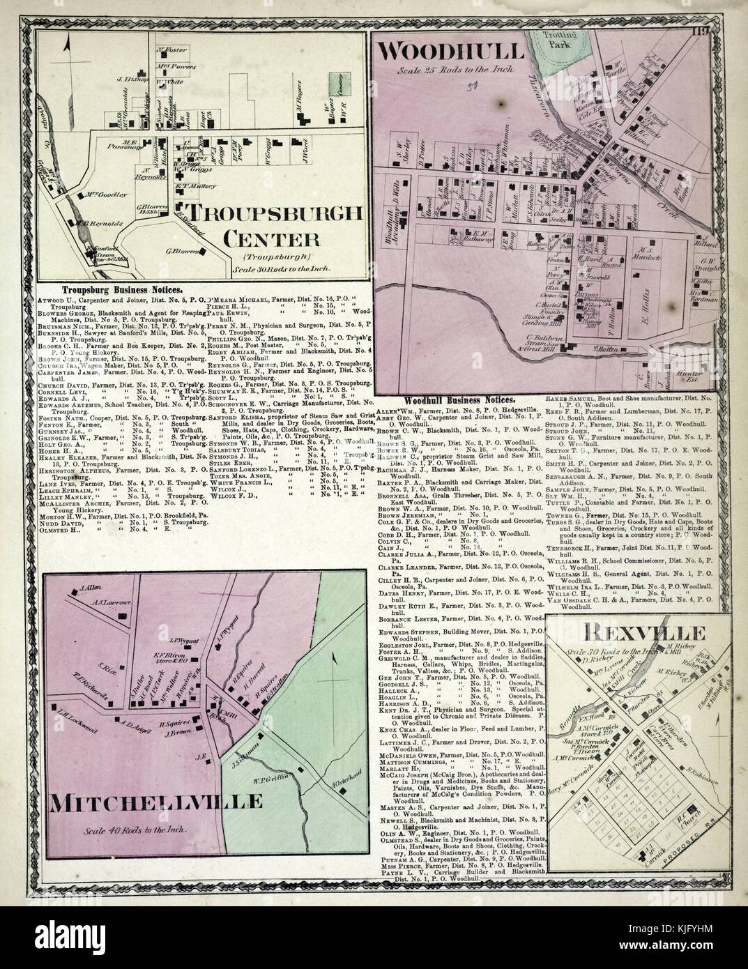 Immagine della mappa incisa da un atlante, con didascalia originale con la scritta "Troupsburgh Center Village, Troupsburgh Business Notices, Woodhull Village, Woodhull Business Notices, Mitchellville Village, Rexville Village', 1873. Dalla New York Public Library. Foto Stock