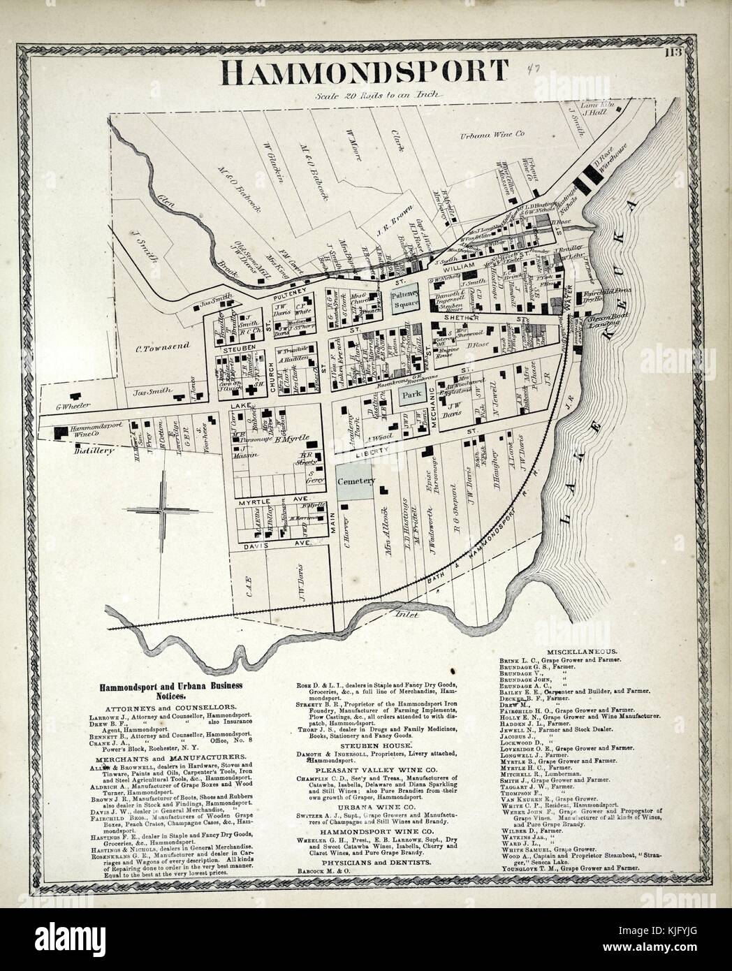 Immagine della mappa incisa da un atlante, con didascalia originale con la scritta "Hammondsport Village, Hammondsport and Urbana Business Notices", 1873. Dalla New York Public Library. Foto Stock